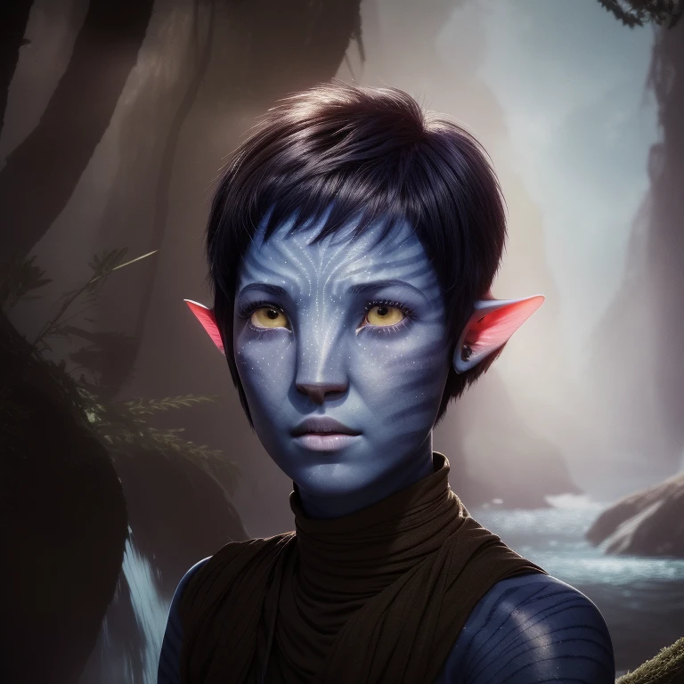 avatar style, portrait:1.6, 1girl, female, (blue skin tone:1.0), (short hair:1.0), one pair of pointy ears:1, pixie cut hairstyle, black hair color, 18 years old:1, face wrinkles, wearing tribal clothing, wearing a top:1, detailed eyes, toned body, glowing, ethereal atmosphere, dreamy lighting, otherworldly beauty, (best quality, highres), ultrarealistic, skin details, striped skin, sfw, ultradetailed body, simple background:1, avtr:1