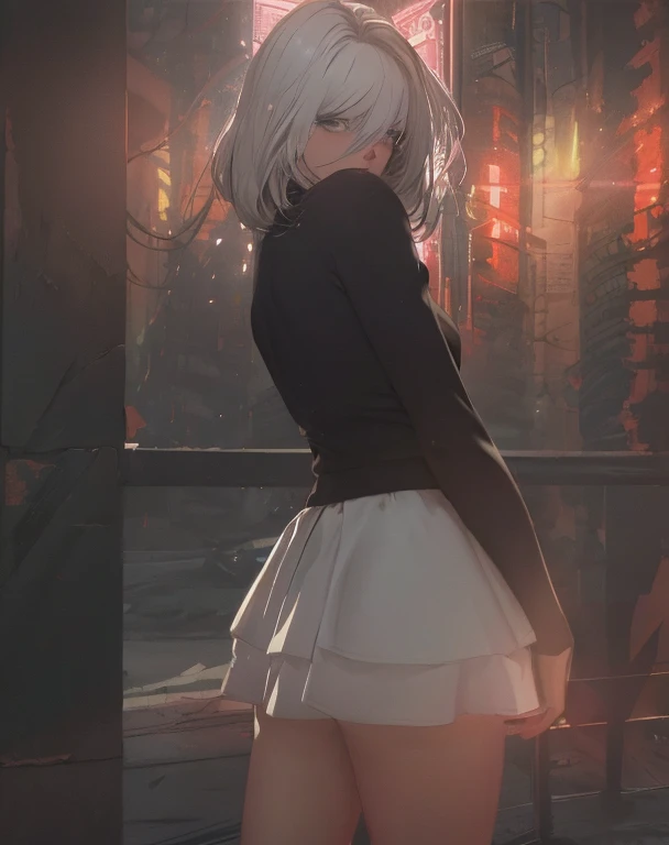 One Girl、blush、Embarrassed look、Perfect Anatomy、Short Bob、Small breasts、(((turtleneck、skirt、Black knee socks)))、((Hair tousled by the wind、Messy Hair、Broken hairstyle))、(((The wind flips my skirt:1.3、Red panties、Cute ass)))、Pay attention to the butt、Professional Lighting, Film Grain, chromatic aberration, (Eye and facial details:1.0), (Bokeh:1.1)、software:1.5)))、 highest quality, 8k, 20talent , (Butt crack:1.4)
