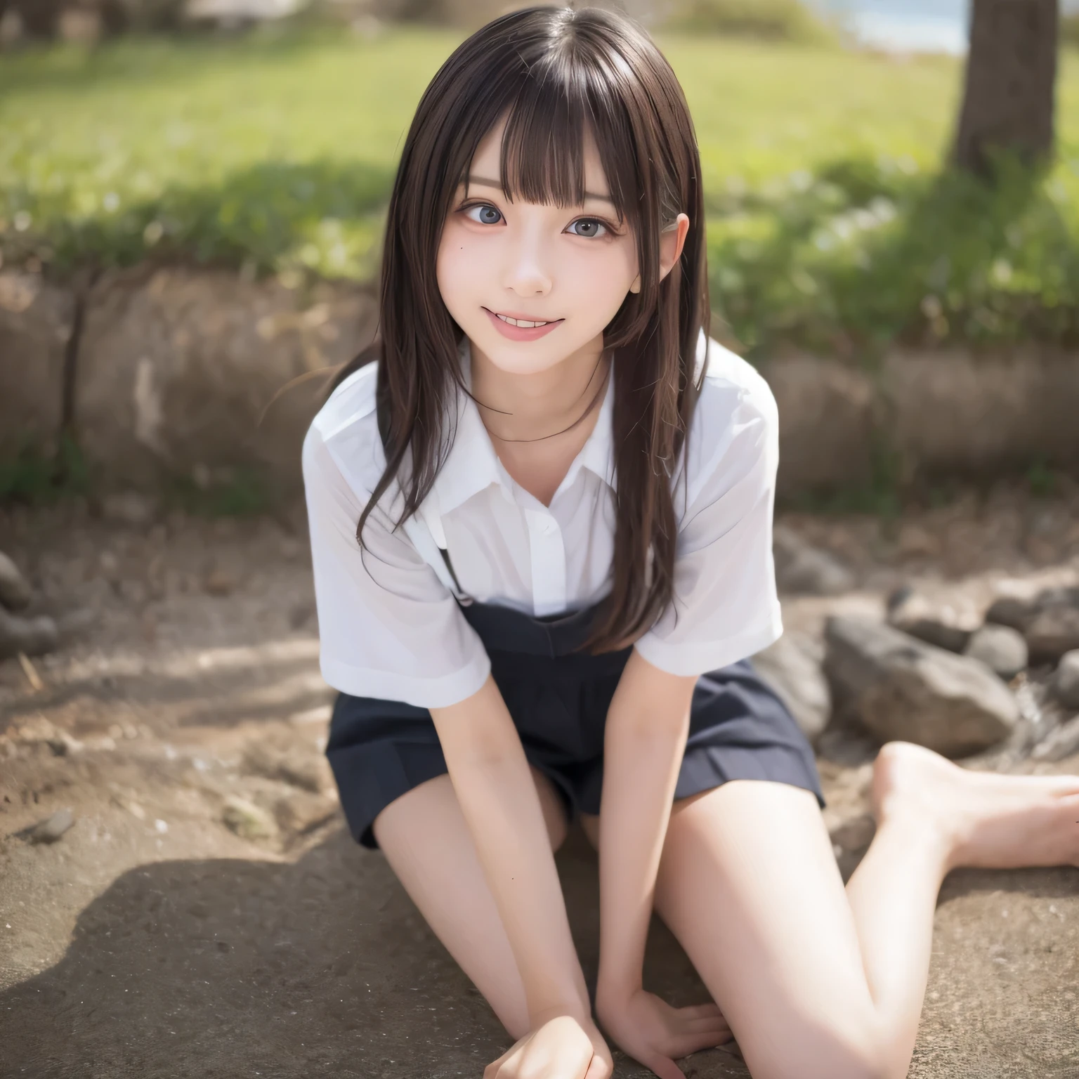on the table, best quality, illustration, Super detailed, fine details, high resolution, 8k wallpaper, Perfect dynamic composition, Beautiful and delicate eyes,whole body摄影,show your whole body、collared shirt、mini skirt,thin and transparent、long gray hair, Bold sexy pose,Smile,Harajuku、20 year old girl、Eyeliner、beautiful bangs、hair between eyes、((masterpiece、top quality、Super detailed、movie light、intricate details、high resolution、Very detailed))、background for this、8 kood、digital SLR、soft light、high quality、film grain、富士XT3 、shallow view deep、natural soft light、Kamimei、See the knees, side view, standing at the beach,Look at the sexy shots of the lens、Above the legs、whole body、