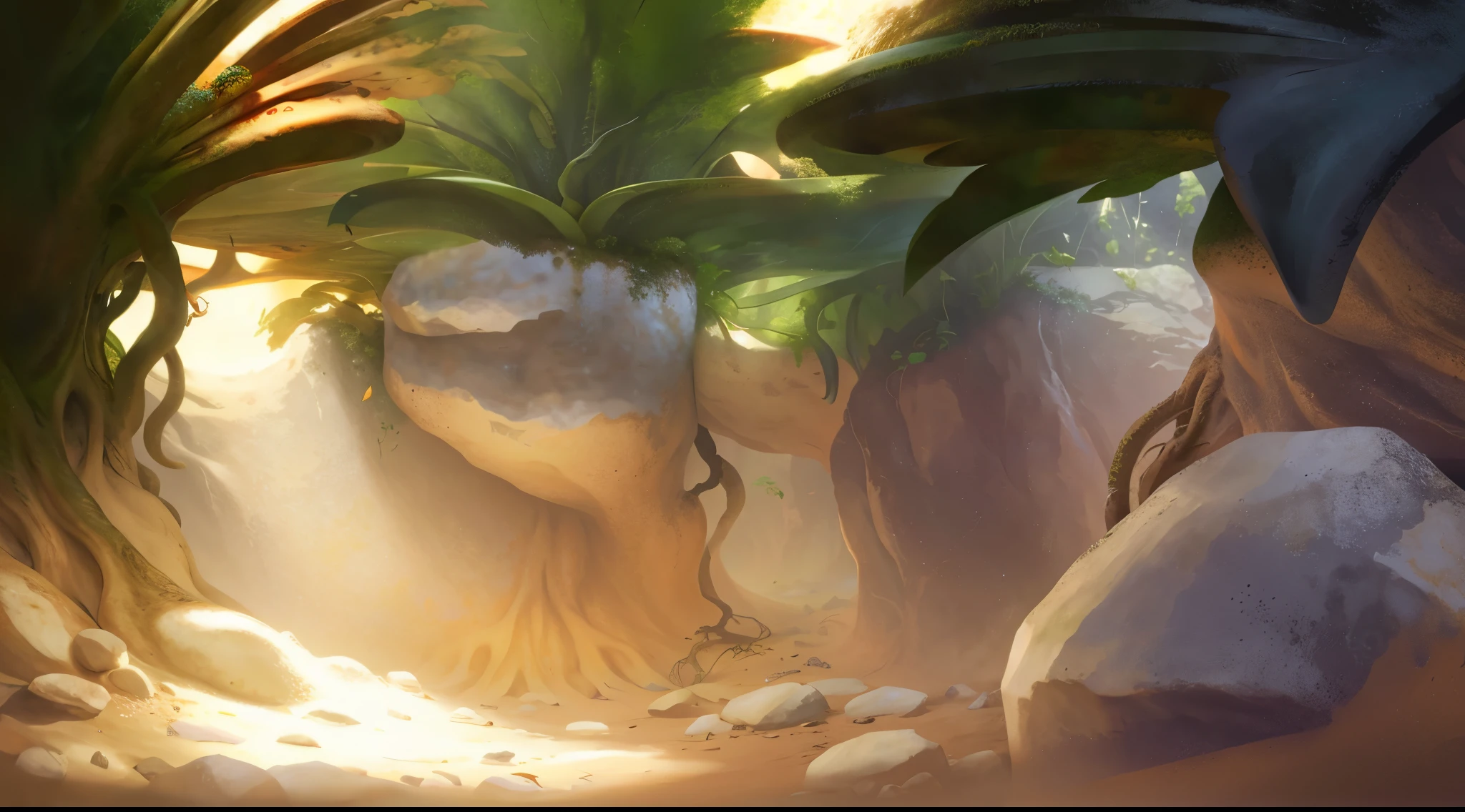 Realistic,Microcosm,big leafs,root system,earthy,earthy地面。