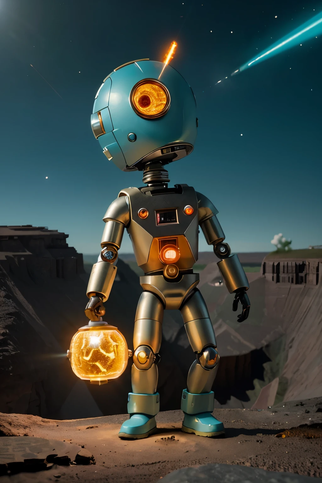 A Modern flat toon Crazy whit a Only Eye Robot and helmet Style, tongs in hands, Tv head, pinhead, camouflage Cyan Yellow Rusty, Ambient in a meteorite crater super detailed, center, beautiful, soft lighting, focused on the character, 4K resolution, photorealistic rendering.