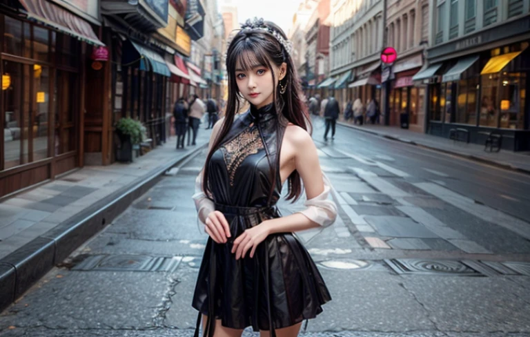 Beautiful girl on the street，only one person，black skirt，The costumes are detailed and complete，slim body，Natural expressions，Soft light and shadow，The proportions of the characters are reasonable，Normal human eyes，Eyes are delicately drawn，Delicate facial details，Detailed sculpting of upper body，Attention to detail，The texture is delicate，vivid emotional description，meticulous detail。