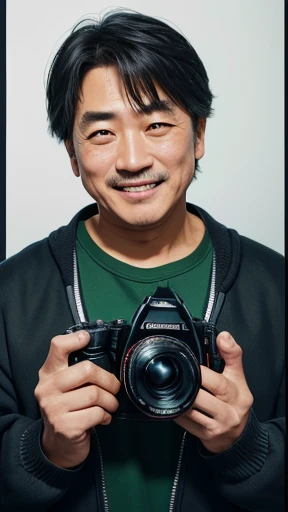Japanese、Middle-aged man with camera hanging from his neck、grin、oriental、Drooping eyes、I wore a sweatshirt、dressed in green、highest quality、masterpiece、ultra high resolution、(Photoreal:1.4)、No background、Upper body、highest quality、masterpiece、ultra high resolution、(Photoreal:1.4)、game poster