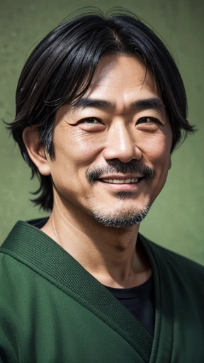 Japanese、Middle-aged man with camera hanging from his neck、grin、oriental、Drooping eyes、I wore a sweatshirt、dressed in green、highest quality、masterpiece、ultra high resolution、(Photoreal:1.4)、No background、Upper body、highest quality、masterpiece、ultra high resolution、(Photoreal:1.4)、game poster
