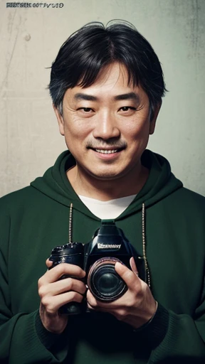 Japanese、Middle-aged man with camera hanging from his neck、grin、oriental、Drooping eyes、I wore a sweatshirt、dressed in green、highest quality、masterpiece、ultra high resolution、(Photoreal:1.4)、No background、Upper body、highest quality、masterpiece、ultra high resolution、(Photoreal:1.4)、game poster
