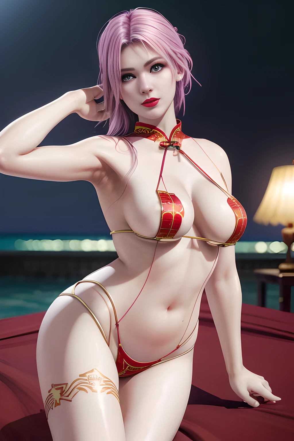 1girl,Elise,Relax,(Wearing Chinese cheongsam:1.4),(Beach in Maldives),jewelry,grace,(((red-lips))), slightly parted lips, lewd smile, clavicle,(huge breasts),Charming cleavage,((8k, RAW photos, top quality, masterpieces), high-definition RAW color photos professional close-up photos, (realistic, photorealism: 1.37), (highest quality), (best shadows), ((erotic, sexy, ultra high resolution, high-definition CG unified 8K wallpapers, physically based rendering, movie lighting),solo,