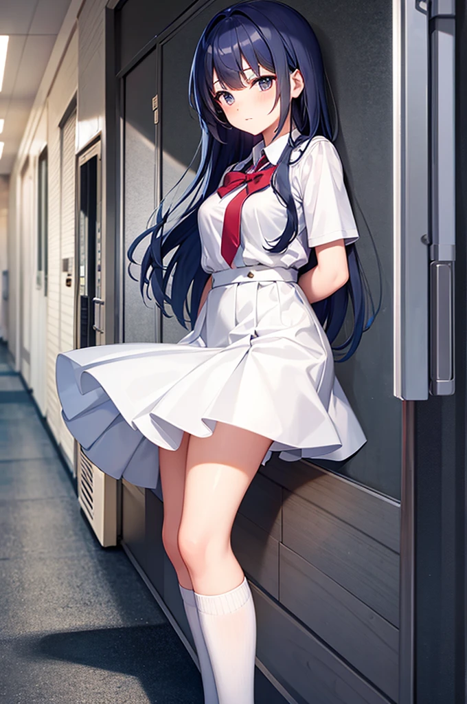 [(masterpiece: 1.1, highest quality: 1.1), Shy high school girl in uniform, emphasize, , Sheer, Somewhat 0.8 Blue hair, Wet, The location is the hallway　Red tie　White knee-high socks　suspenders
