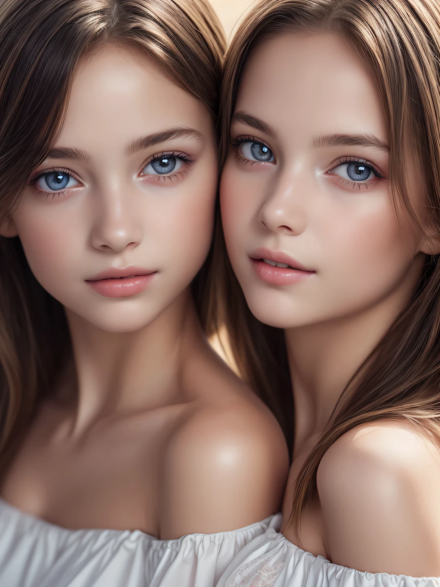 (2 girls:1.3), (Ultra real), (Highly detailed eyes, Long, highly detailed golden hair, Highly detailed face, Full, full lips Belarus, very relevant), Naked, (Off shoulder), The breasts are small, Upper body, Look for a smile, (Best quality:1.4), Raw images, (real, photo-real:1.37), Professional photography, Cinematic light,