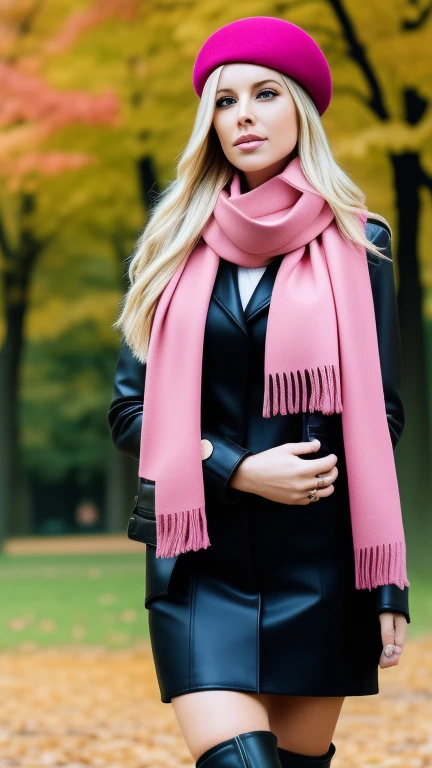 woman wearing a biker jacket, beret, pink scarf, high boots, while is in a park, aw-dropping beauty, jaw dropping beauty, attractive face and body, attractive woman, a gorgeous blonde, beautiful blonde girl, lovely woman, gorgeous woman, gorgeous beautiful woman, beautiful blonde woman, beautiful body and face