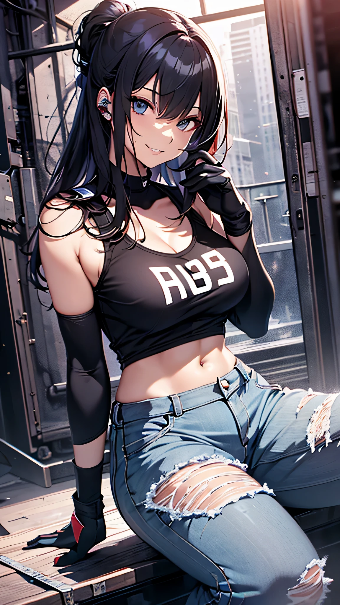 anatomically correct, best quality, masterpiece, high quality, high details, highres, HD, (shaded face:1.2), hollow eyes, dark-blue eyes, looking at viewer, heavy breathing, smirk, upper teeth, black hair, long hair, pointy ears, cropped hoodie, black bikini, long sleeves, navel, 1girl, solo, breasts, sitting, looking_at_viewer, cleavage, large_breasts, plant