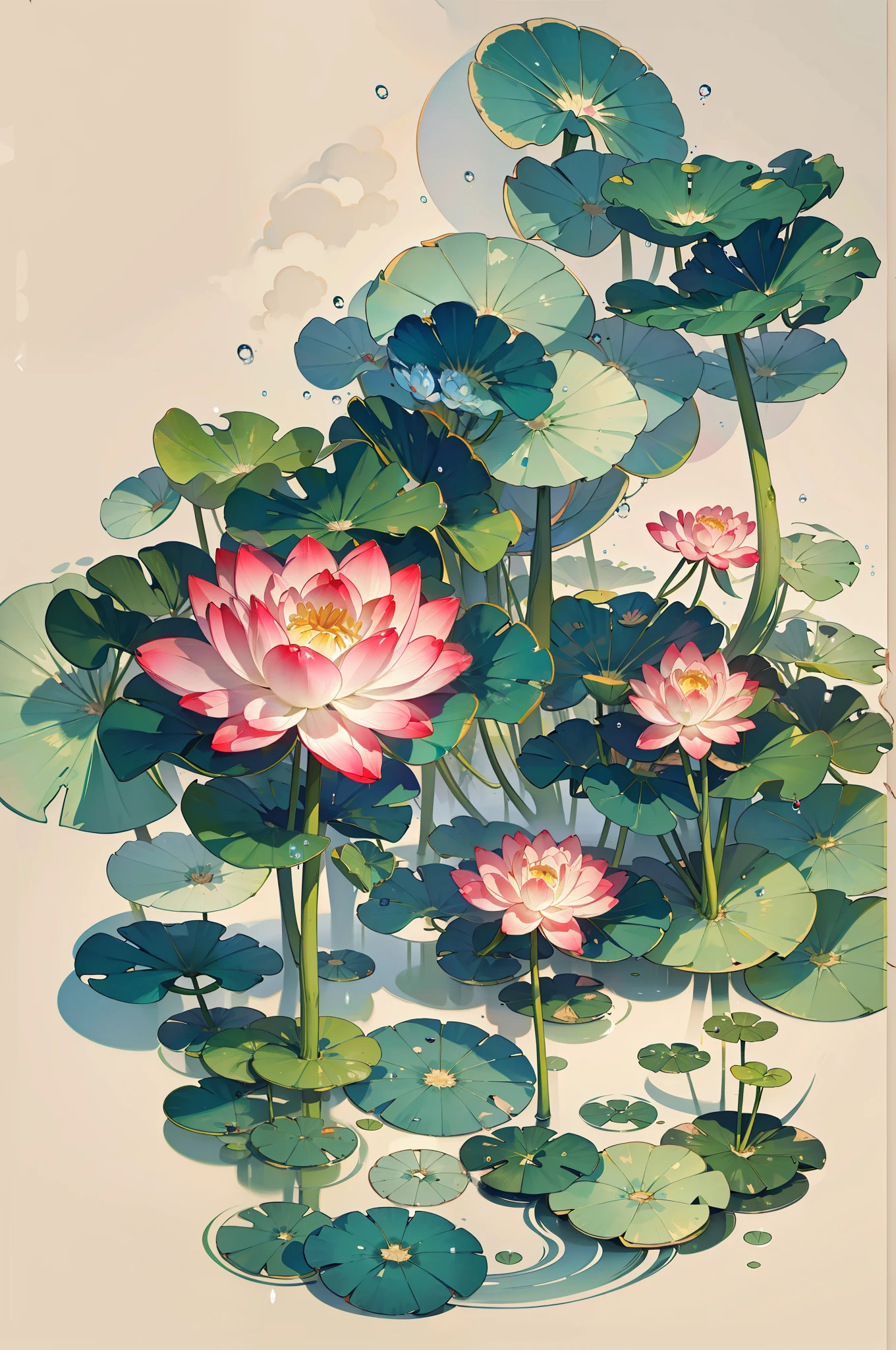 (best quality,4k,8k,highres,masterpiece:1.2),ultra-detailed,(realistic,photorealistic,photo-realistic:1.37),clean colors,ink wash painting style,lotus leaf,lotus flower,ink wash style,distortion,definite cut,straightforward,clean cut,blank space,freehand,detailed,epic artwork,high-quality,super detailed,water droplets,fairy of lotus,ancient style,Dunhuang flying figure