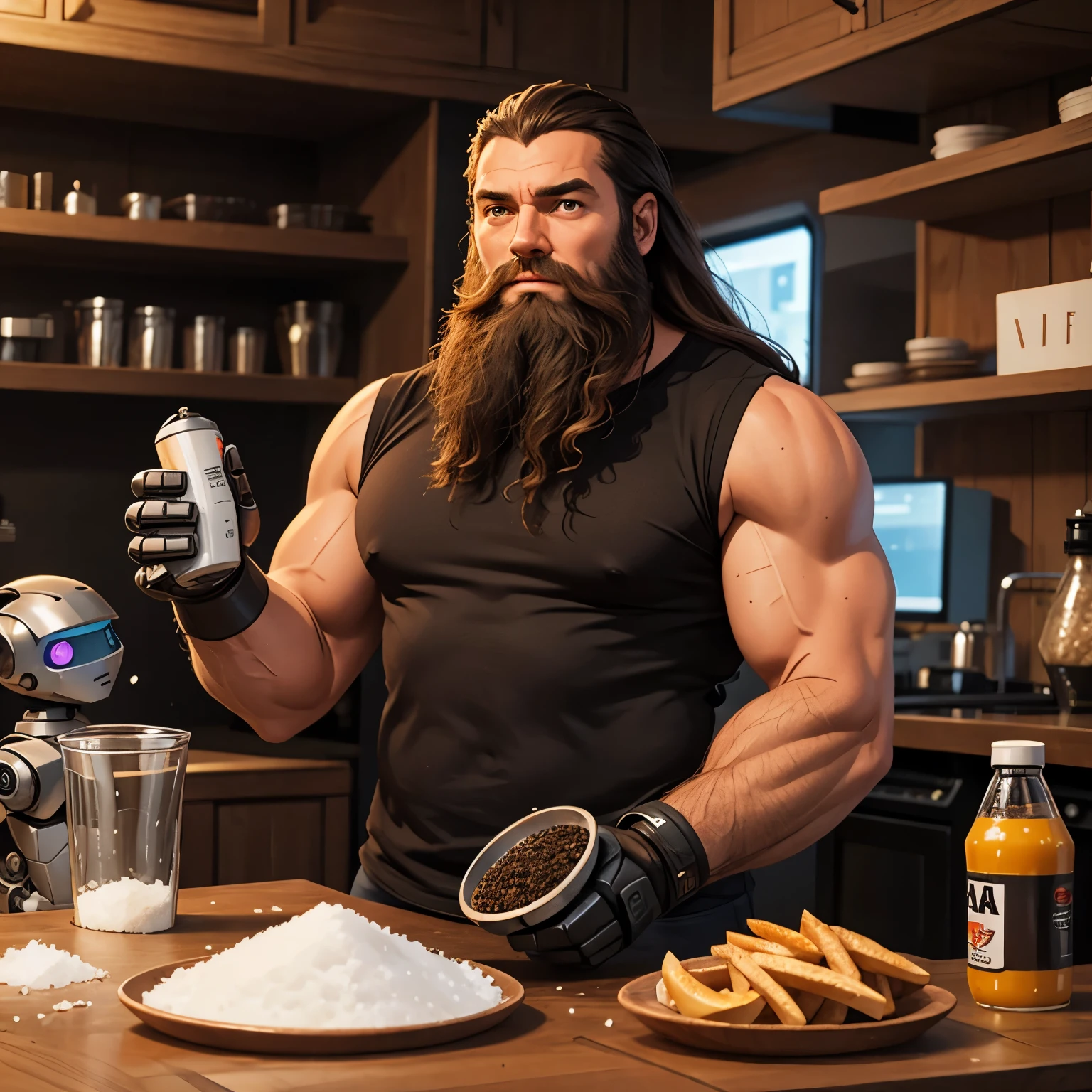 44 year old built with a robotic right arm and salt and pepper long hair and beard 