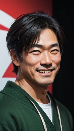 Handsome Japan people、Middle-aged man with camera hanging from his neck、grin、oriental、Drooping eyes、I wore a sweatshirt、dressed in green、highest quality、masterpiece、ultra high resolution、(Photoreal:1.4)、No background、Upper body、highest quality、masterpiece、ultra high resolution、(Photoreal:1.4)、game poster