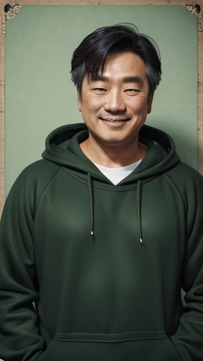 Handsome Japan people、Middle-aged man with camera hanging from his neck、grin、oriental、Drooping eyes、I wore a sweatshirt、dressed in green、highest quality、masterpiece、ultra high resolution、(Photoreal:1.4)、No background、Upper body、highest quality、masterpiece、ultra high resolution、(Photoreal:1.4)、game poster