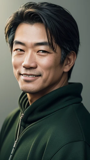 Handsome Japan people、Middle-aged man with camera hanging from his neck、grin、oriental、Drooping eyes、I wore a sweatshirt、dressed in green、highest quality、masterpiece、ultra high resolution、(Photoreal:1.4)、No background、Upper body、highest quality、masterpiece、ultra high resolution、(Photoreal:1.4)、game poster
