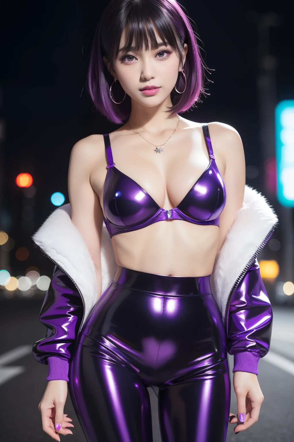 female idol、lipgloss、smiling face、full body Esbian、shiny very large earrings（neon purple)、shiny very large necklace（neon purple)、(shiny glossy latex tight bra（neon purple))、(shiny glossy latex tight hot pant（neon purple))、clutch（neon purple)、((short hair（neon purple)))、long white fluffy fur coat with white fluffy fur（bright white)、conceptual art, High quality, Realistic, extremely detailed CG unified 8k wallpaper, highly detailed, High-definition raw color photos, professional photography, Realistic portrait, Cinematic Light, Beautiful detailed, Super Detail, high details, (((Bokeh))), depth of fields, illumination, Neon Street, Super stylish lighting 