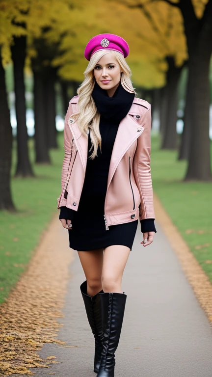 woman wearing a biker jacket, black beret, pink scarf, high boots, while is in a park, aw-dropping beauty, jaw dropping beauty, attractive face and body, attractive woman, a gorgeous blonde, beautiful blonde girl, lovely woman, gorgeous woman, gorgeous beautiful woman, beautiful blonde woman, beautiful body and face