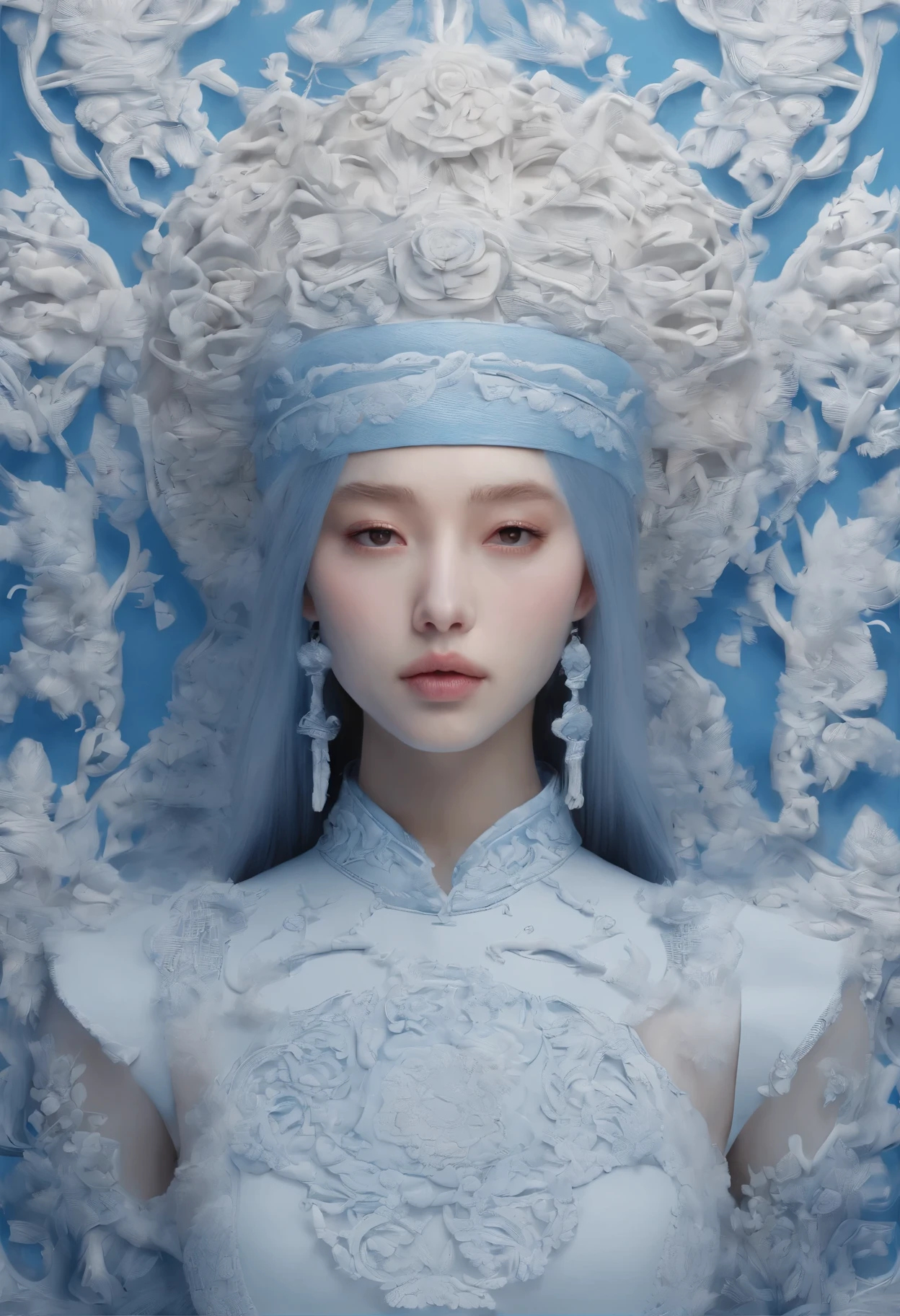Blue and white porcelain,Ceramic material,femele,Embossed petals,artwork of a,Long hair, Ancient Chinese style,long eyelasher, solid circle eyes, Fake animal ears, Light smile, Ear blush, Fang, Striped hair, beret, beret, surrealism, shadowing, anaglyph, stereograms, tachi-e, angle of view, Atmospheric perspective, 8K, Super detail, ccurate, Best quality