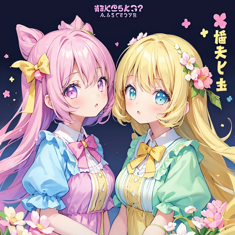 masterpiece, (2 girls and 2 girls and 2 girls and 2 girls), Idol, close, Big eyes, cutetech, cute, cute, pastel colour, highest quality, Happy, deep background, symmetry, tilted head, spring, cover, title