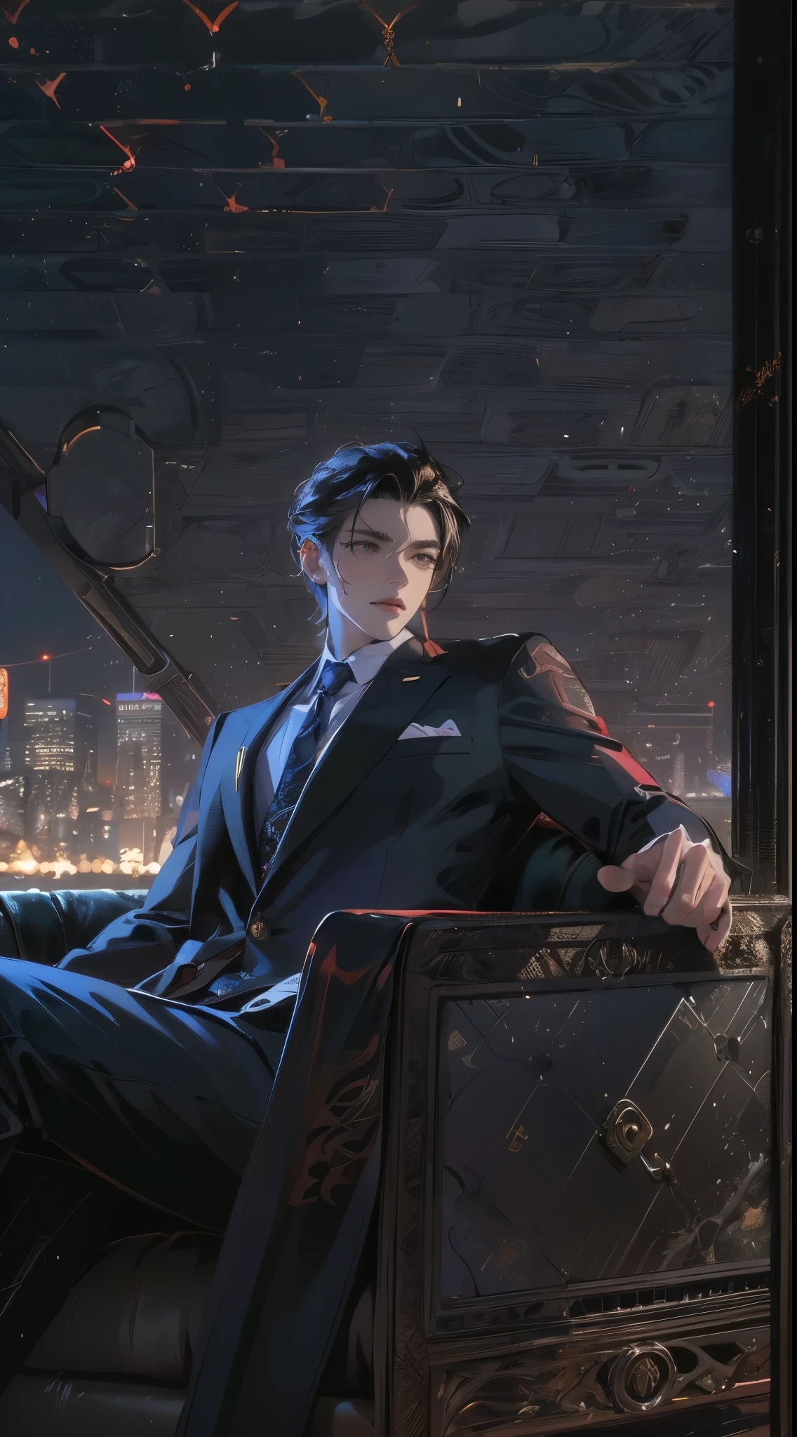 (absurdres, highres, ultra detailed, realistic, ), 1 male, solo, adult, mature, tall muscular guy, ,sitting on a sofa,cross-legged, broad shoulders, handsome, very short hair, black hair, brown eyes, angular jaw, thick neck, thick eyebrows, night, dark, the night view of the city background, formal suit, necktie, upper body