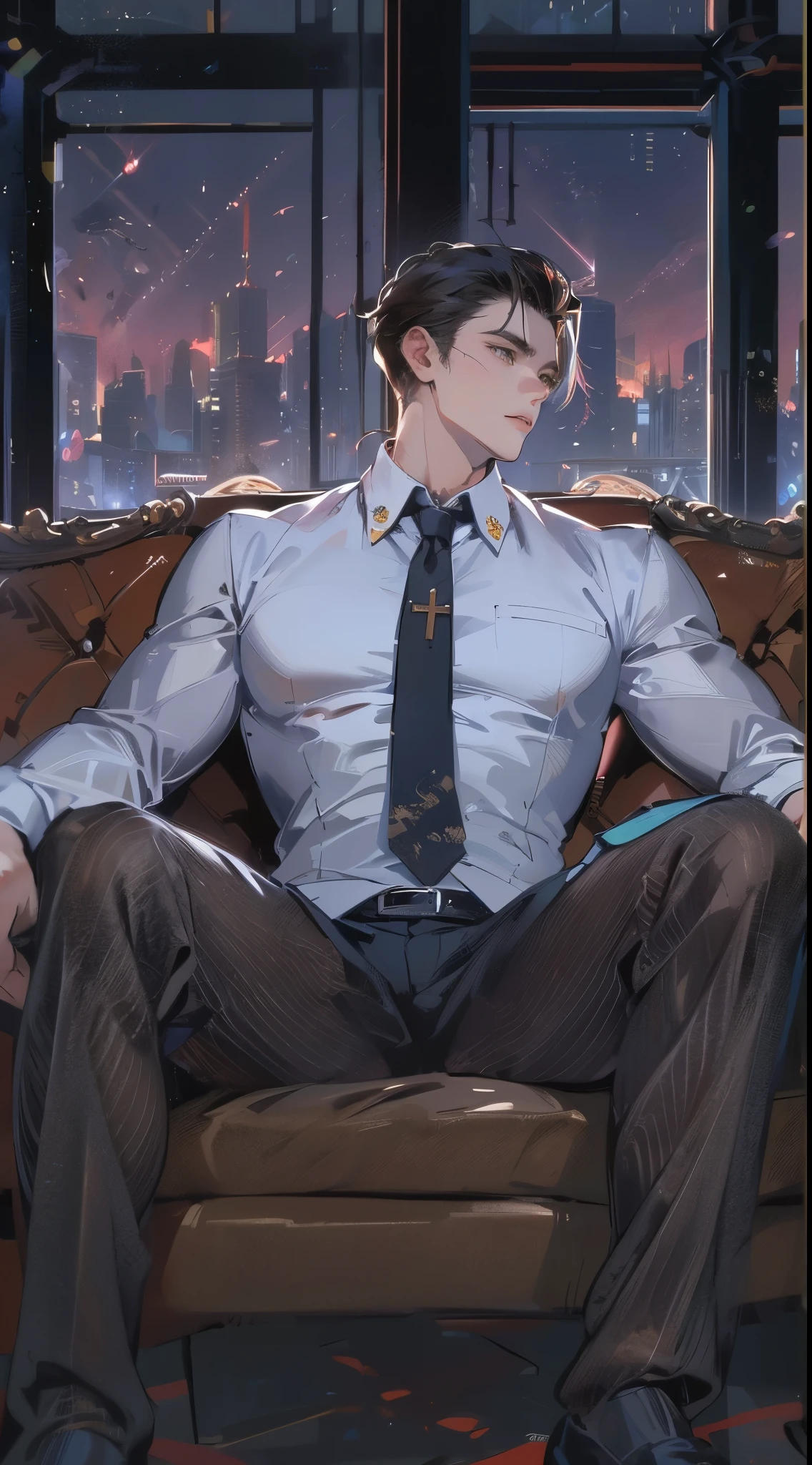 (absurdres, highres, ultra detailed, realistic, ), 1 male, solo, adult, mature, tall muscular guy, ,sitting on a sofa,cross-legged, broad shoulders, handsome, very short hair, black hair, brown eyes, angular jaw, thick neck, thick eyebrows, night, dark, the night view of the city background, formal suit, necktie, upper body