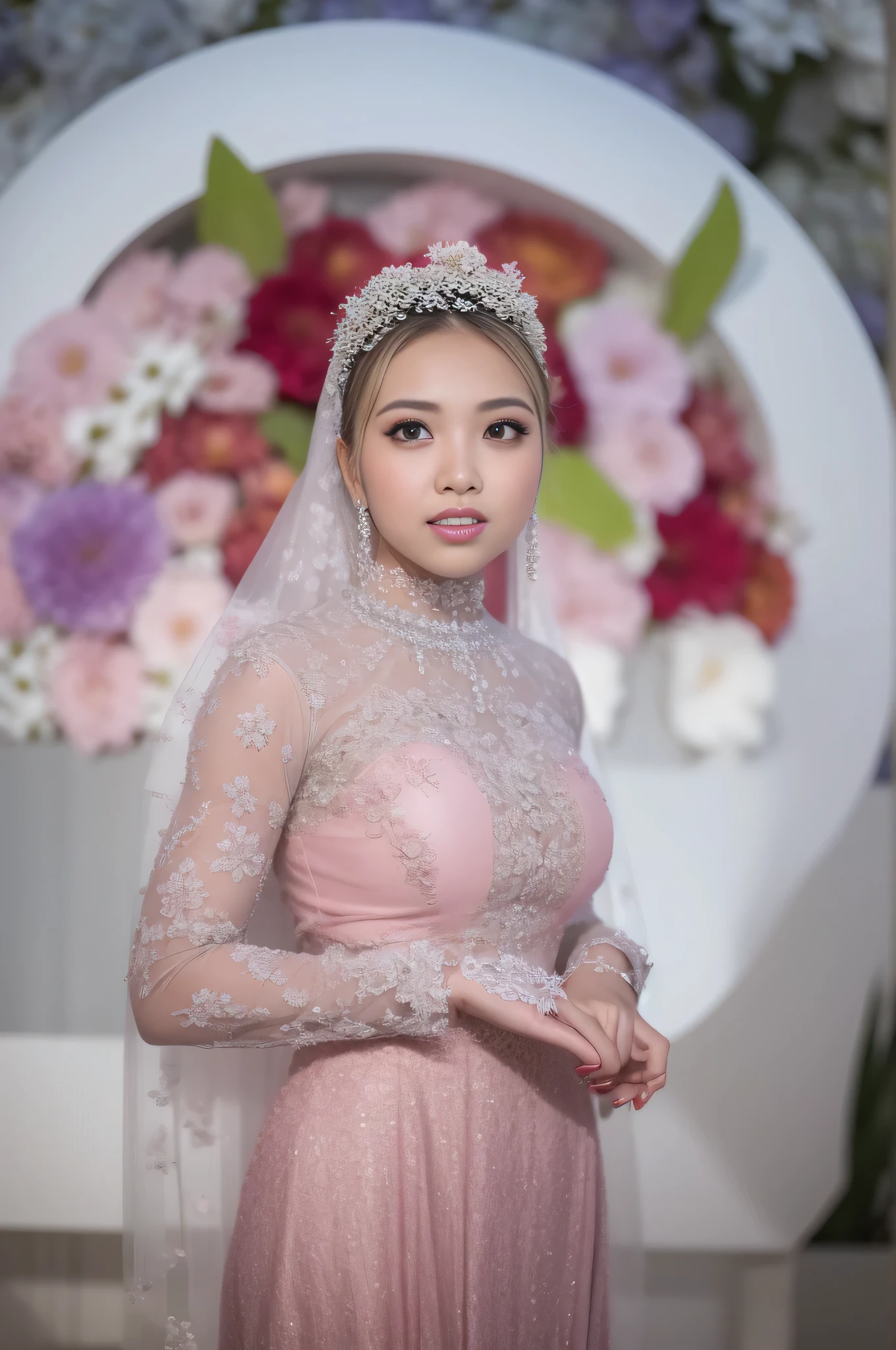 bride in pink dress posing for a picture in front of a floral backdrop, bride, taken with canon 5d mk4, captured on canon eos r 6, taken with canon eos 5 d mark iv, shot with canon eoa 6 d mark ii, wedding, shot on nikon z9, by Basuki Abdullah, beautiful woman, shot on canon eos r5