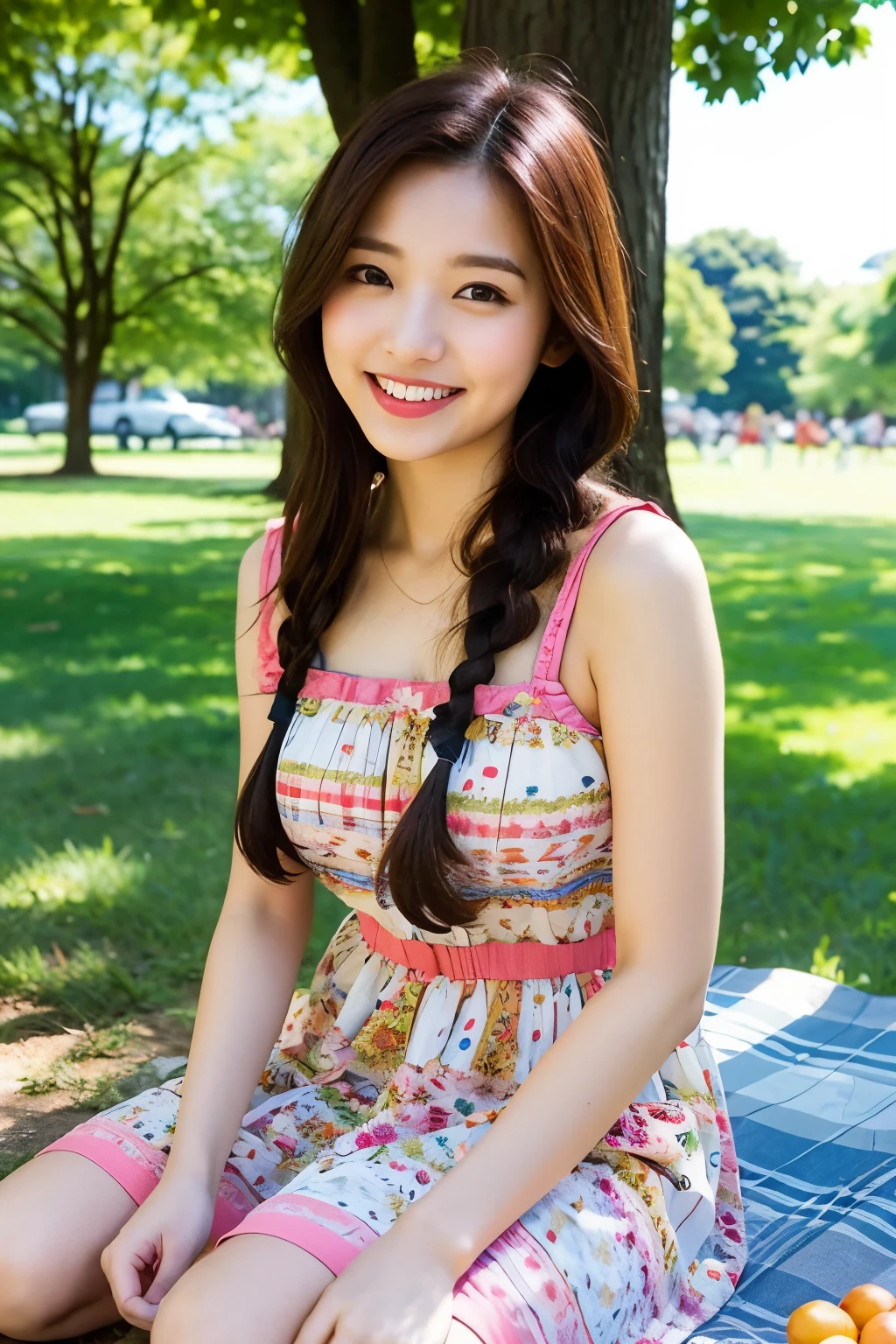 Photorealistic,high-quality 32k photo,(solo:1.5),a beautiful Japanese girl in a playful sundress,with detailed eyes and a lively smile,sitting on a picnic blanket in a park. She’s wearing a colorful sundress with comfortable flats,her hair in a loose braid. The image captures her surrounded by nature,with a focus on her cheerful demeanor and the peaceful greenery around her.,