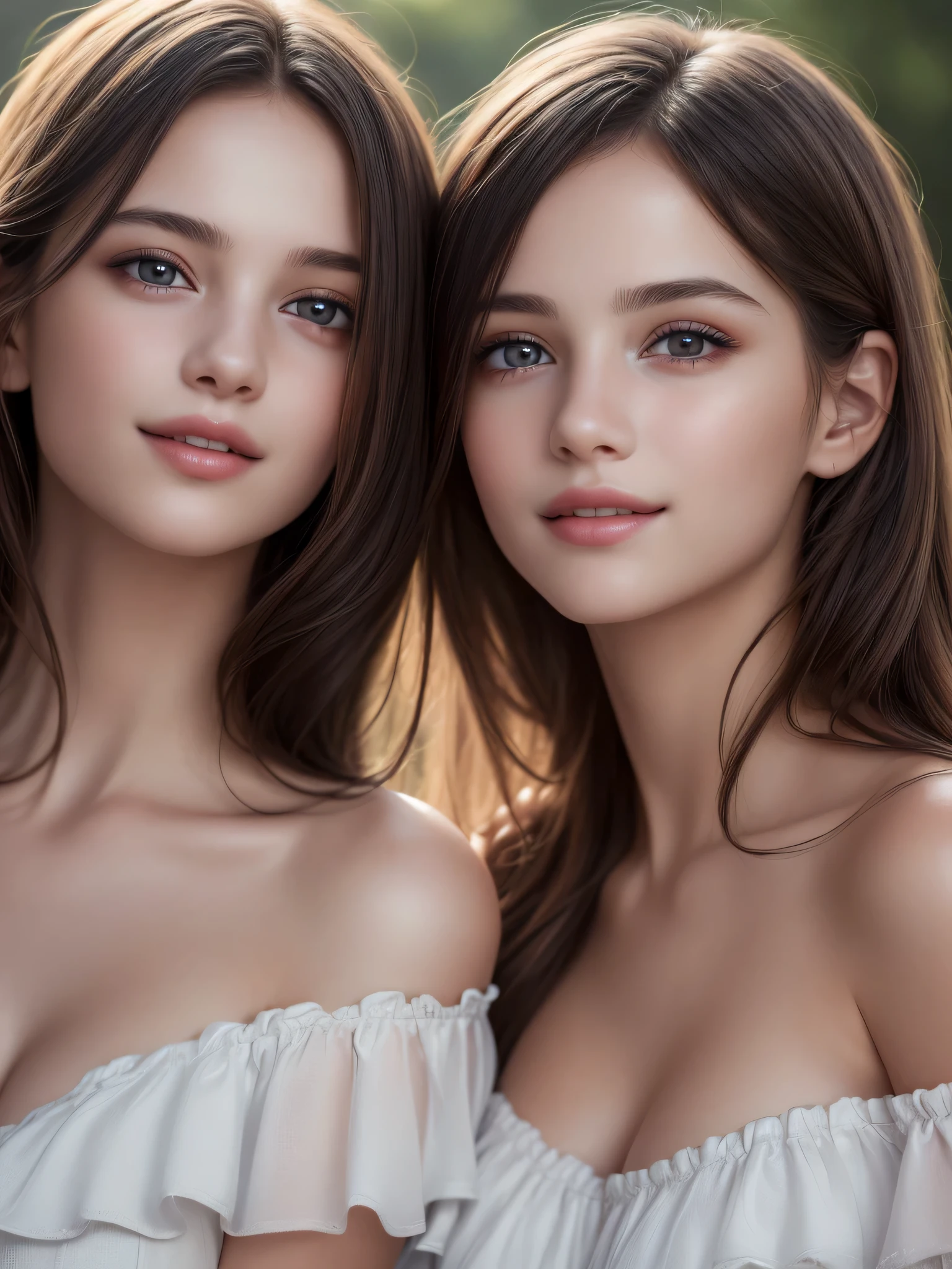 (2ung girls), (Ultra realistic, high res), (highly detailed eyes, highly detailed hair, highly detailed face, highly detailed plump lips), (Off-shoulder with very loose breasts), upper body, caute smile, (best quality:1.4), Raw photo, (realistic, photo-realistic:1.37), professional photography, cinematic light, (fine face: 1.2)
