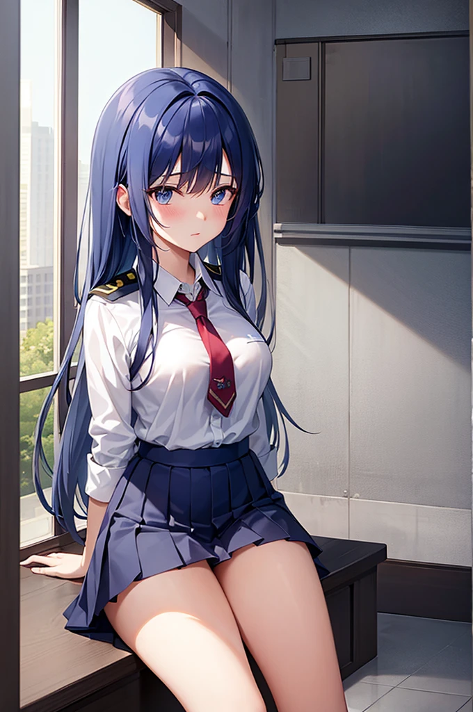 [(masterpiece: 1.1, highest quality: 1.1), Shy high school girl in uniform, emphasize, , Sheer, Somewhat 0.8 Blue hair, Wet, The location is the hallway　Red tie　White knee-high socks　Neck Holder　swollen chest　
