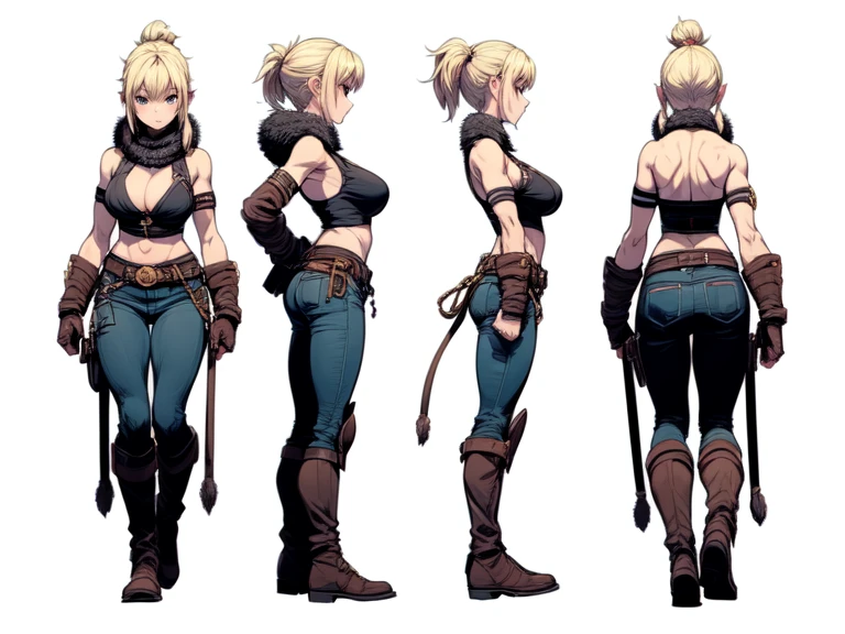 ((masterpiece)),(((best quality))),((character design sheet)),  ((flat color, plain color)),concept, poses, masterpiece, best quality, highres, 1girl, baarbara, barbarian female, blonde hair, visible forehead, military gear,  blue eyes, black tube bra, green sanek pants, large breasts, standing, straight-on, blank background ,chara-sheet