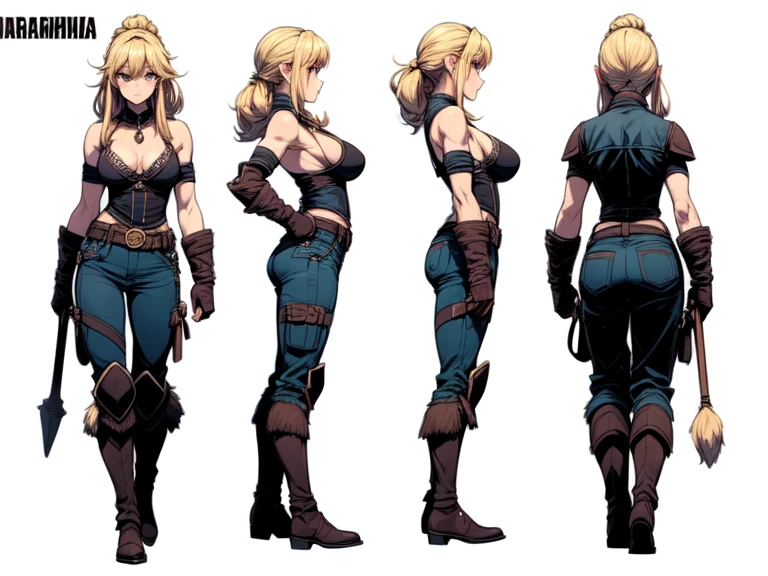 ((masterpiece)),(((best quality))),((character design sheet)),  ((flat color, plain color)),concept, poses, masterpiece, best quality, highres, 1girl, baarbara, barbarian female, blonde hair, visible forehead, military gear,  blue eyes, black tube bra, green sanek pants, large breasts, standing, straight-on, blank background ,chara-sheet