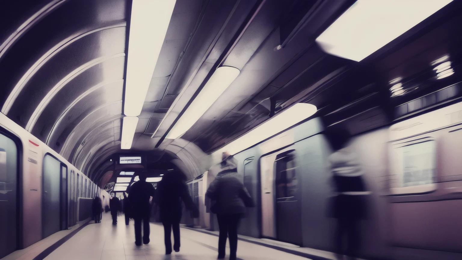 Abstract blur Abstract blurred modern subway station tunnel interior with people walking. Blur underground or metro pedestrian walkway background. Use for backdrop or design element in public transportation concept Defocused bokeh effect background or backdrop for business concept.