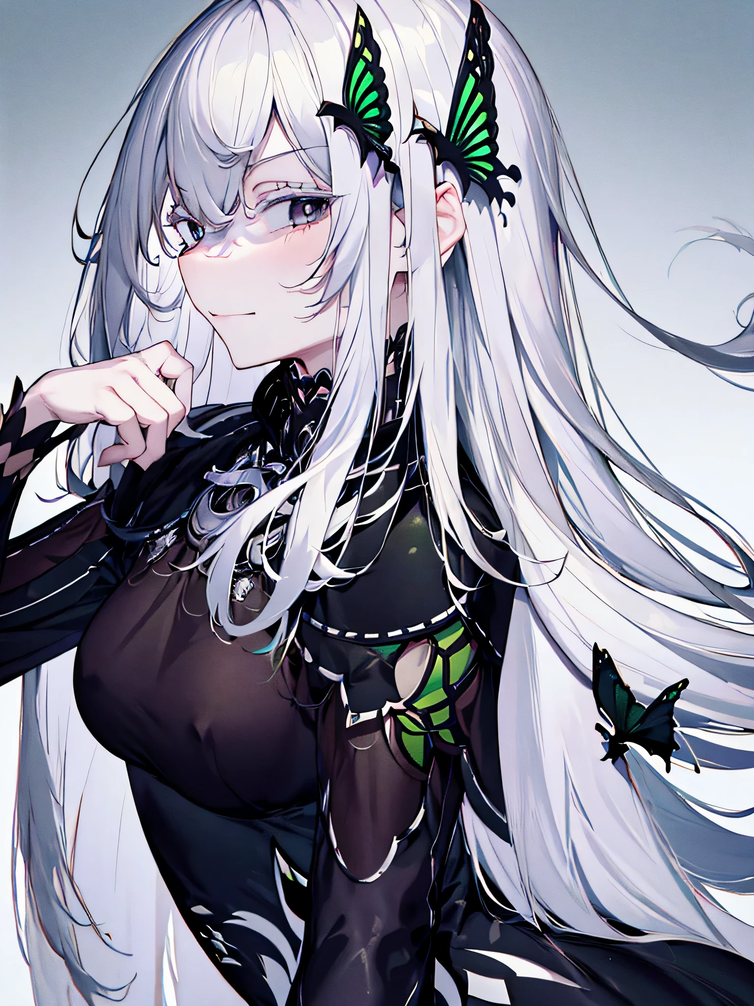 ((highest quality)),(debris flies, ultra high resolution),1 girl, beautiful and detailed face, fine eyes,((gray hair)),(((Black and Green theme))),((whole body)),perfect eyes、no background,white background,long dress,echidna,butterfly々hair accessory,arrogant expression, Domineering smile, masterpiece, highest quality, silver hair,嫌な顔
見る人、ポートレートを見て