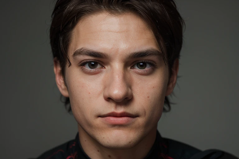 A photograph of spider man, no mask, 20 yo, handsome, detailed face, looking at camera, portrait, 8k uhd, high quality