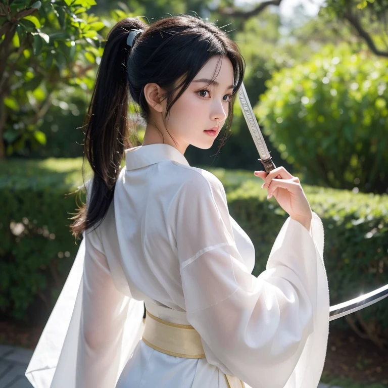 (original photo:1.2), (lifelike), Beautiful and delicate girl, 白色衣服Very detailed eyes and face, beautiful and delicate eyes, File size is large, high resolution, Very detailed, best quality, [on the table:1.6], illustration, Very detailed, Exquisite details, best quality, 8k wallpaper, Light,15-year-old female student, Female swordsman, ponytail dark hair, Open chest white kimono, &#39;s chest is open，White is clearly visible.,  Legendary Sword, See-through kimono, serious facial expression, Slim, young face, big breasts, Physical immaturity,，The character&#39;s big butt faces the camera from behind