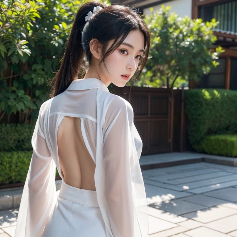 (original photo:1.2), (lifelike), Beautiful and delicate girl, 白色衣服Very detailed eyes and face, beautiful and delicate eyes, File size is large, high resolution, Very detailed, best quality, [on the table:1.6], illustration, Very detailed, Exquisite details, best quality, 8k wallpaper, Light,15-year-old female student, Female swordsman, ponytail dark hair, Open chest white kimono, &#39;s chest is open，White is clearly visible.,  Legendary Sword, See-through kimono, serious facial expression, Slim, young face, big breasts, Physical immaturity,，The character&#39;s big butt faces the camera from behind