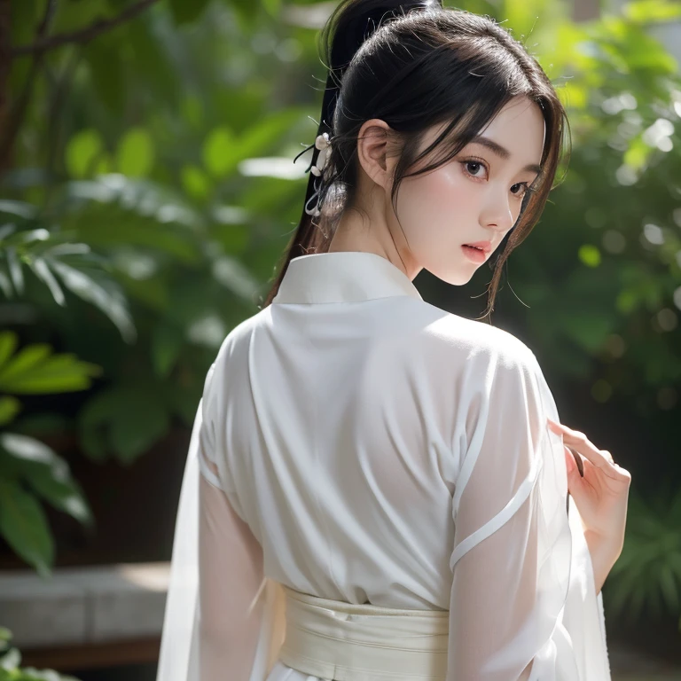 (original photo:1.2), (lifelike), Beautiful and delicate girl, 白色衣服Very detailed eyes and face, beautiful and delicate eyes, File size is large, high resolution, Very detailed, best quality, [on the table:1.6], illustration, Very detailed, Exquisite details, best quality, 8k wallpaper, Light,15-year-old female student, Female swordsman, ponytail dark hair, Open chest white kimono, &#39;s chest is open，White is clearly visible.,  Legendary Sword, See-through kimono, serious facial expression, Slim, young face, big breasts, Physical immaturity,，The character&#39;s big butt faces the camera from behind