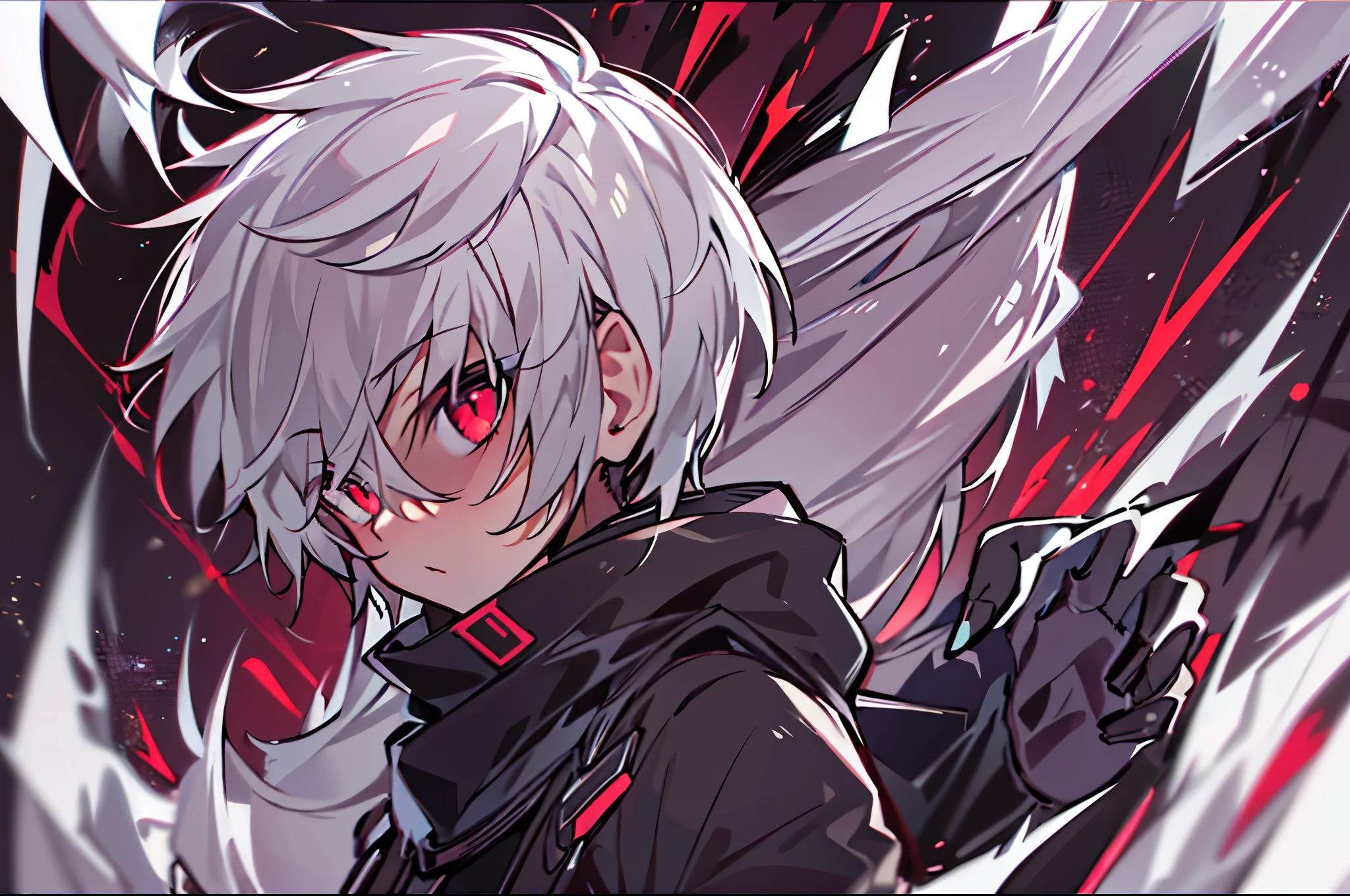hight resolution,Anime boy with white hair and red eyes staring at camera, red eyes,slim, dressed in a black outfit,Shadow Body,Brown skin,monochromes,hair messy,Diagonal angle