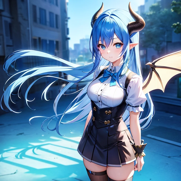 Anime girl with blue hair and horns on the street, 3D Realistic Anime, 2. 5d cgi anime fantasy artwork, anime style 3d, anime style. 8K, 4k anime style, Realistic anime in 3D style, deviantart artstation cgscosiety, digital anime art, Gwise Style Art Art, detailed digital anime art, white shirt, Dragon Wings