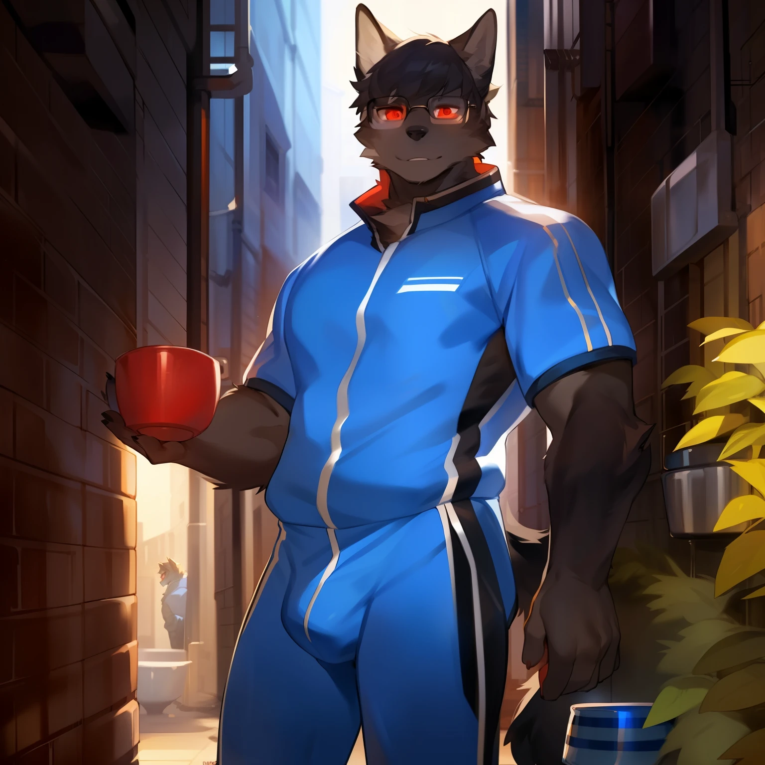 Solo, male, blue spacesuit, bulge, canine, black wolf, black fur, red eyes, glowing eyes, glasses, short hair, bowl cut, swept bangs, nerdy haircut, muscular, by bebebebebe, by spuydjeks, by darkgem, by mystikfox61, by chunie, standing, alleyway, plants