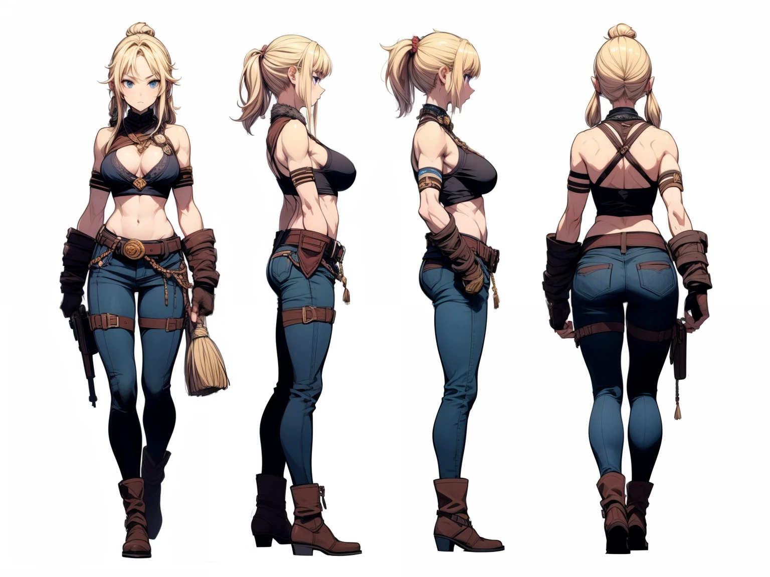 ((masterpiece)),(((best quality))),((character design sheet)),  ((flat color, plain color)),concept, poses, masterpiece, best quality, highres, 1girl, baarbara, barbarian female, blonde hair, visible forehead, military gear,  blue eyes, black tube bra, green sanek pants, large breasts, standing, straight-on, blank background ,chara-sheet