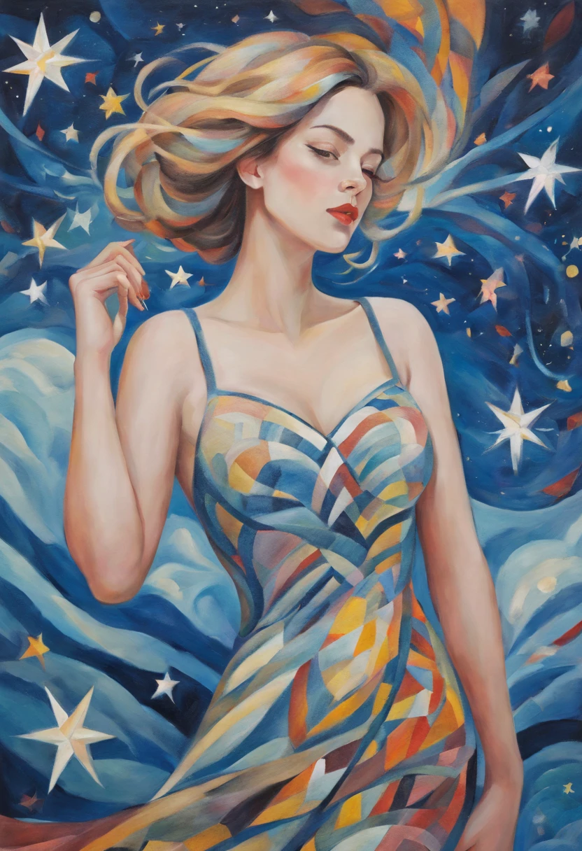 (best quality,realistic,highres:1.2),soft toned, oil painting,vivid colors,From Cubism, Fauvism to Surrealism and Abstractionism, woman, their art concept and pattern all have been embodied in fashion design.Starry Sky background