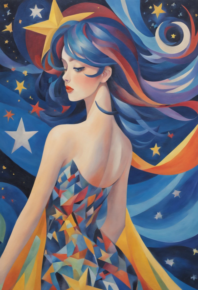(best quality,realistic,highres:1.2),soft toned, oil painting,vivid colors,From Cubism, Fauvism to Surrealism and Abstractionism, woman, their art concept and pattern all have been embodied in fashion design.Starry Sky background