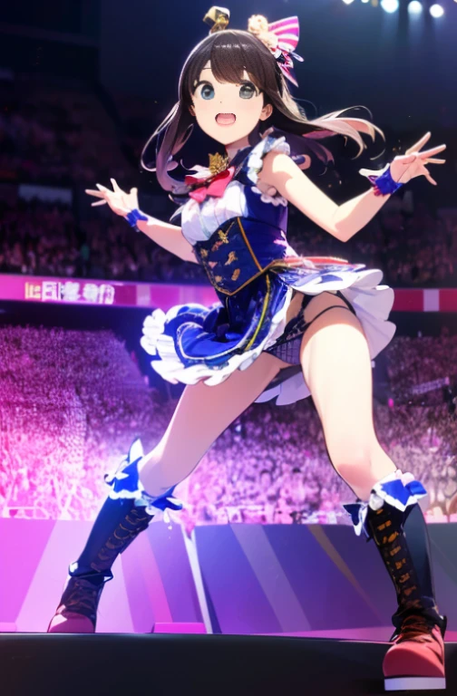 ((highest quality, 8K, Idol Master: 1.3, RAW photo)),( 1 person sharp focus 1.1)Fumika Sagizawa,beautiful face,shout ((eye highlights))highly detailed face, ((idol boots))(wave hands) (idol uniform 1.5), ((tokyo dome live)),(show panties:1.1), from the front,,whole body