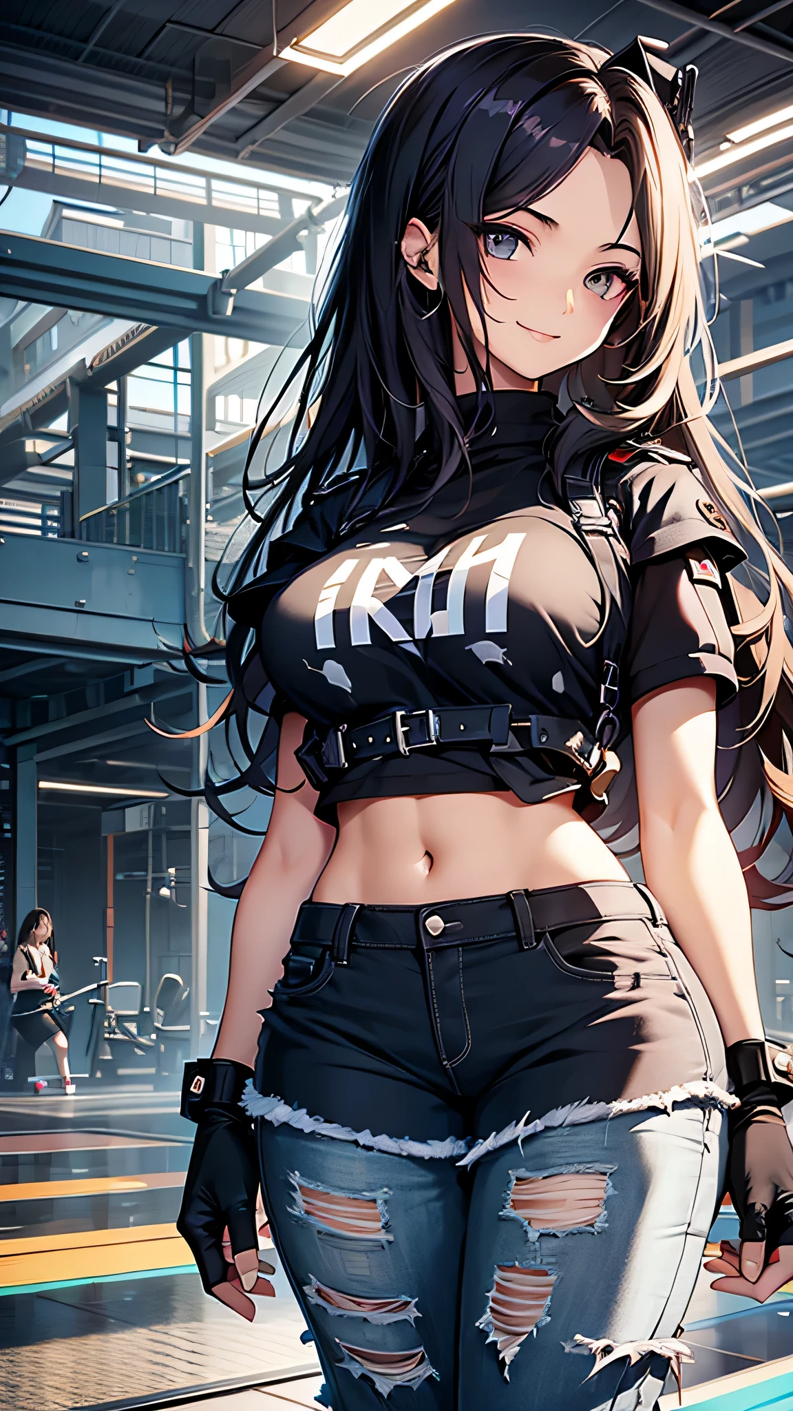 最high quality、best image quality、masterpiece、age girl((18-year-old、 By becoming、vest bust、medium bust,wide open breast tea、black eye, black hair、long hair、thin,highest valley、Torn black t-shirt(2:3)、cute smile,damaged pants(2:3)、Perforated gloves、Knee support)),high quality、beautiful art、background((cyber gym)),debris flies、Depth of written boundary、movie、visual art、perfect art、8K,genuine