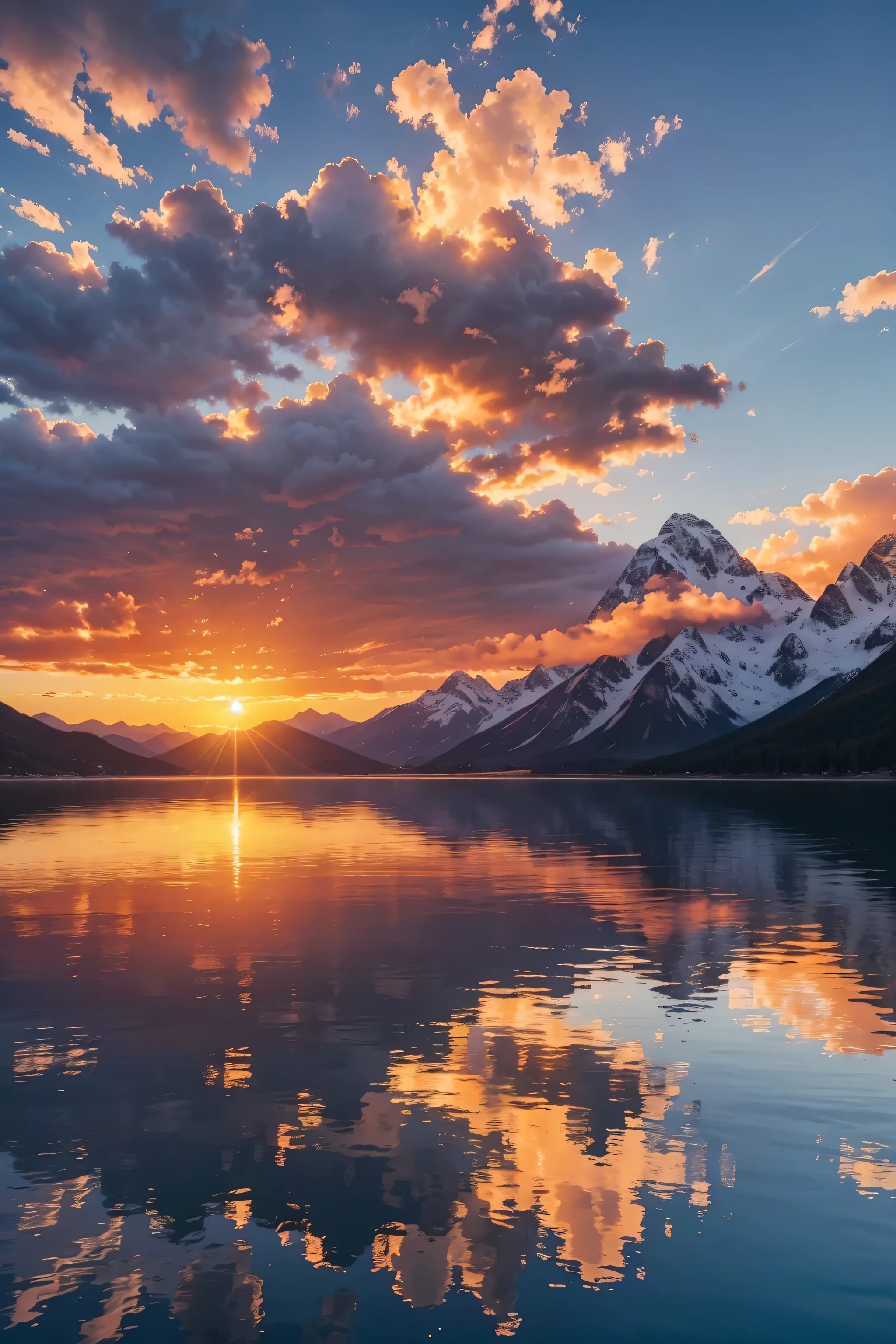 sunset,The sun is in the middle,Red sunset,The sunset covered half of the sun,The sunset fills the entire sky,Mountain peaks and white clouds are reflected on the lake,Detailed 4K digital art,Impressive fantasy scenery,