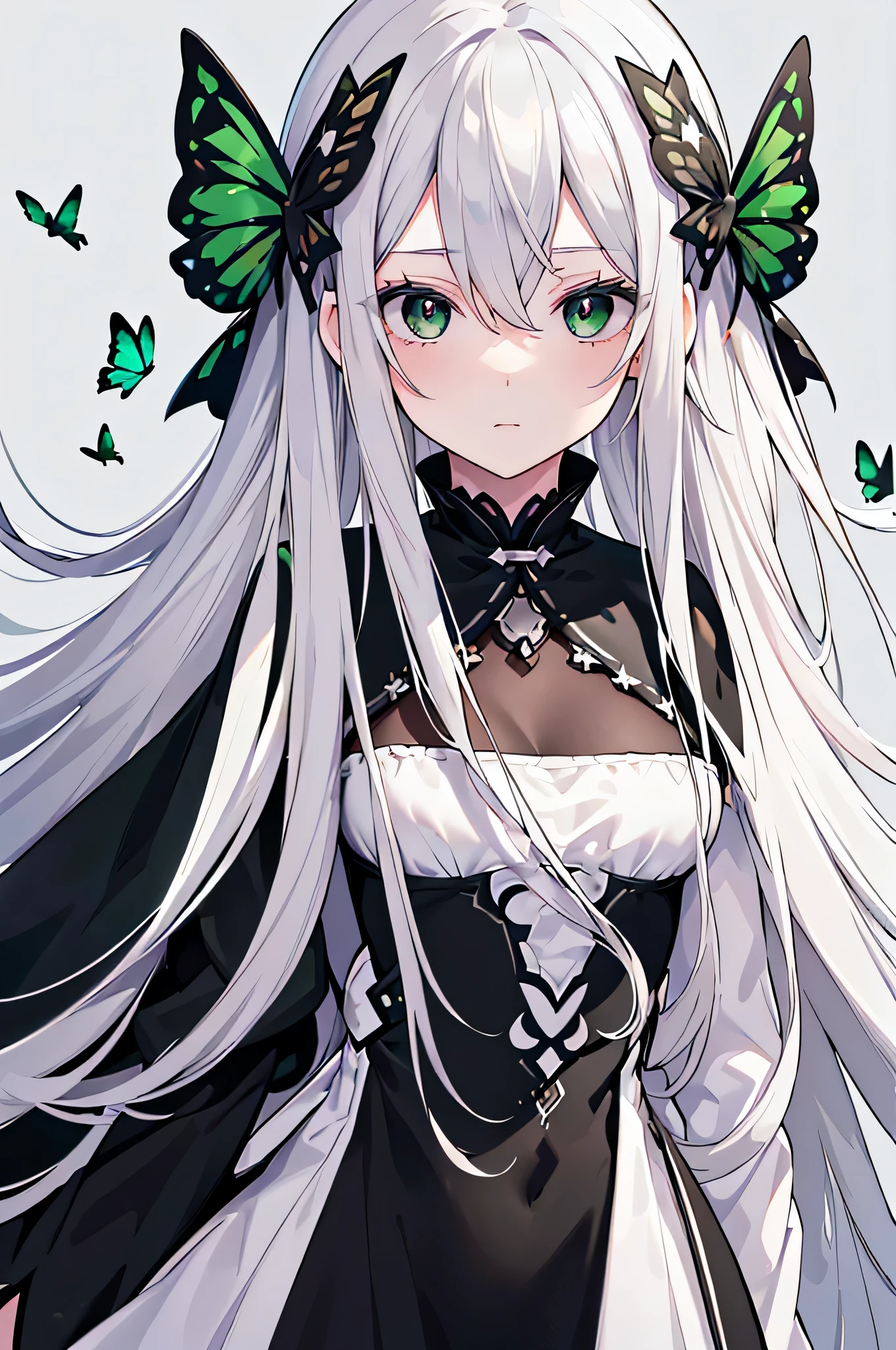 ((highest quality)),(debris flies, ultra high resolution),1 girl, beautiful and detailed face, fine eyes,((gray hair)),(((Black and Green theme))),((whole body)),perfect eyes、no background,white background,long dress,echidna,butterfly々hair accessory