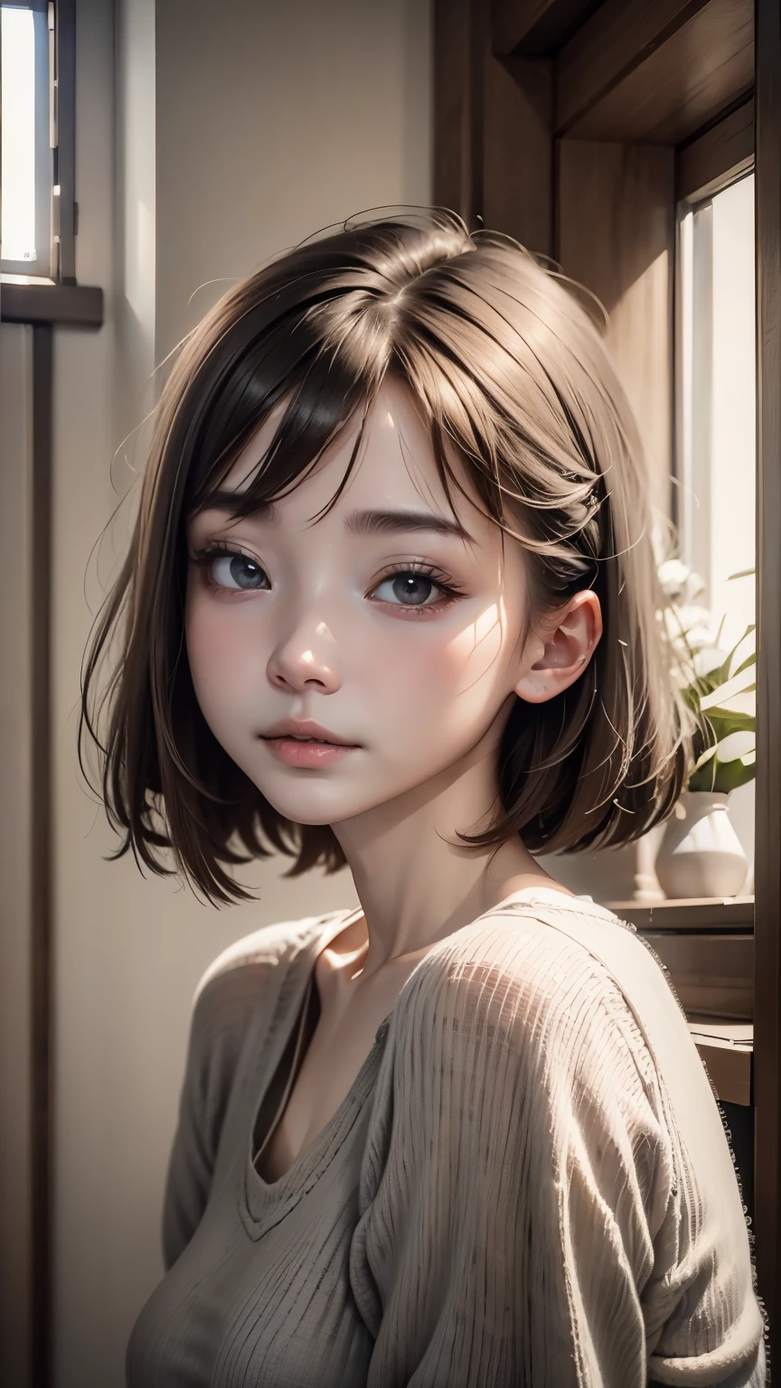 portrait、masterpiece:1.3、one girl、Upper body、Upper body、baby face、natural look、very cute、brown haine eyes、short bangs、short bob、plump lips、no makeup、Luxury shirt with lace、black shirt、最high quality、High resolution、Super detailed、high quality、Detailed details、８ｋ、(((blurred background、gray walls、gray background、White world、studio:1.5、cinematic lighting、professional photographer)))