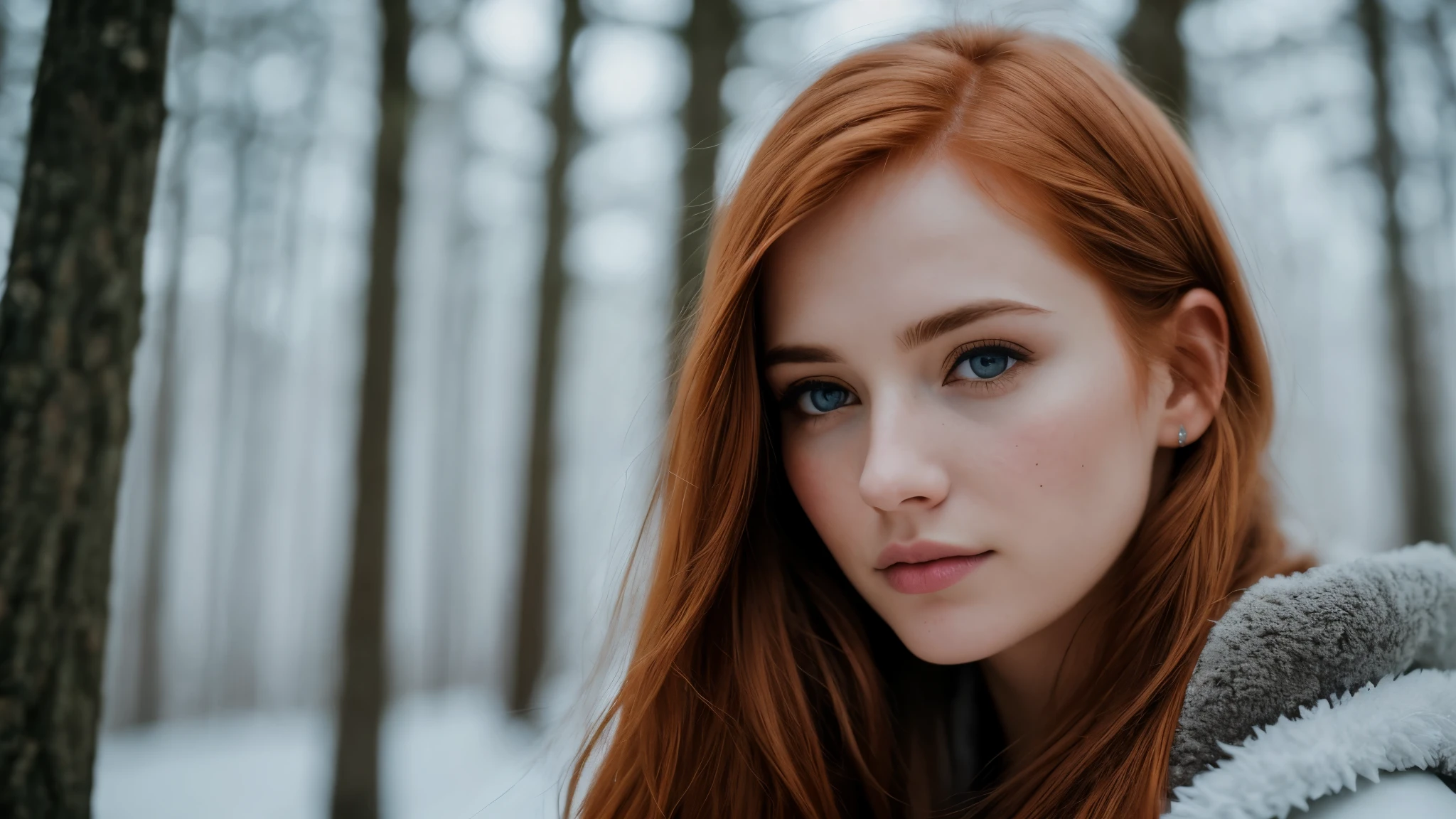 close up of a european woman, ginger hair, winter forest, natural skin texture, 24mm, 4k textures, soft cinematic light, RAW photo, photorealism, photorealistic, intricate, elegant, highly detailed, sharp focus, ((((cinematic look)))), soothing tones, insane details, intricate details, hyperdetailed, low contrast, soft cinematic light, dim colors, exposure blend, hdr, faded