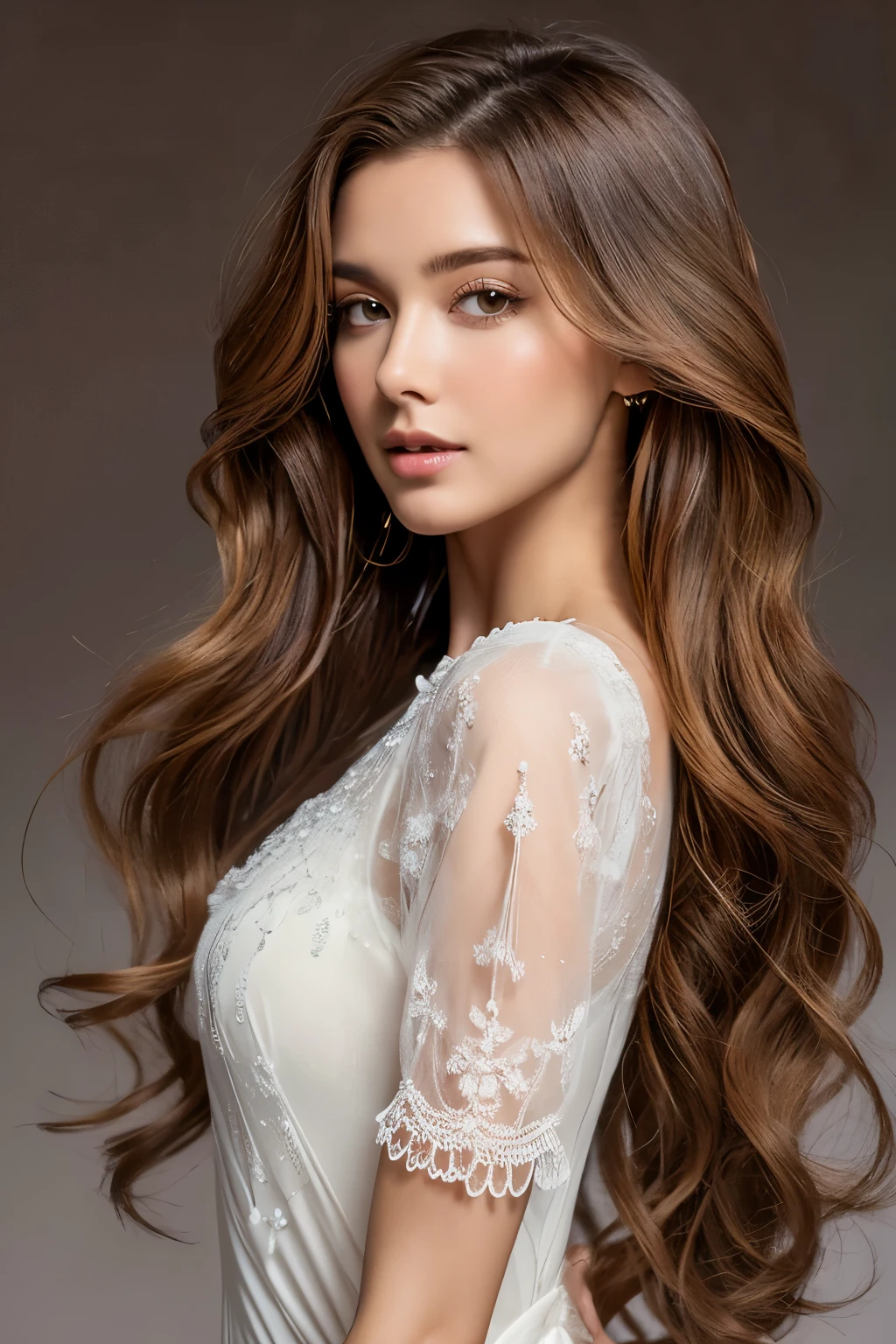 A woman with long brown hair wearing a white dress - SeaArt AI